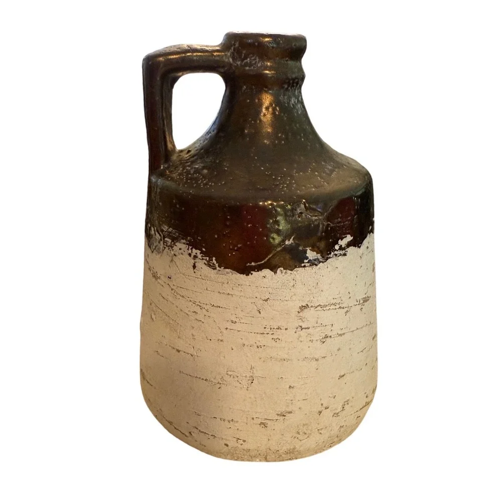Rustic Farmhouse Ceramic Stoneware Jug Distressed White Bronze Brown‎ 7.75 Inch